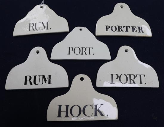 Six early 19th century creamware bin labels,